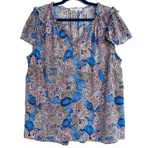 Rose + Olive 2X Paisley Print Blue Pink Top Flounce Sleeve Cottagecore Fairy